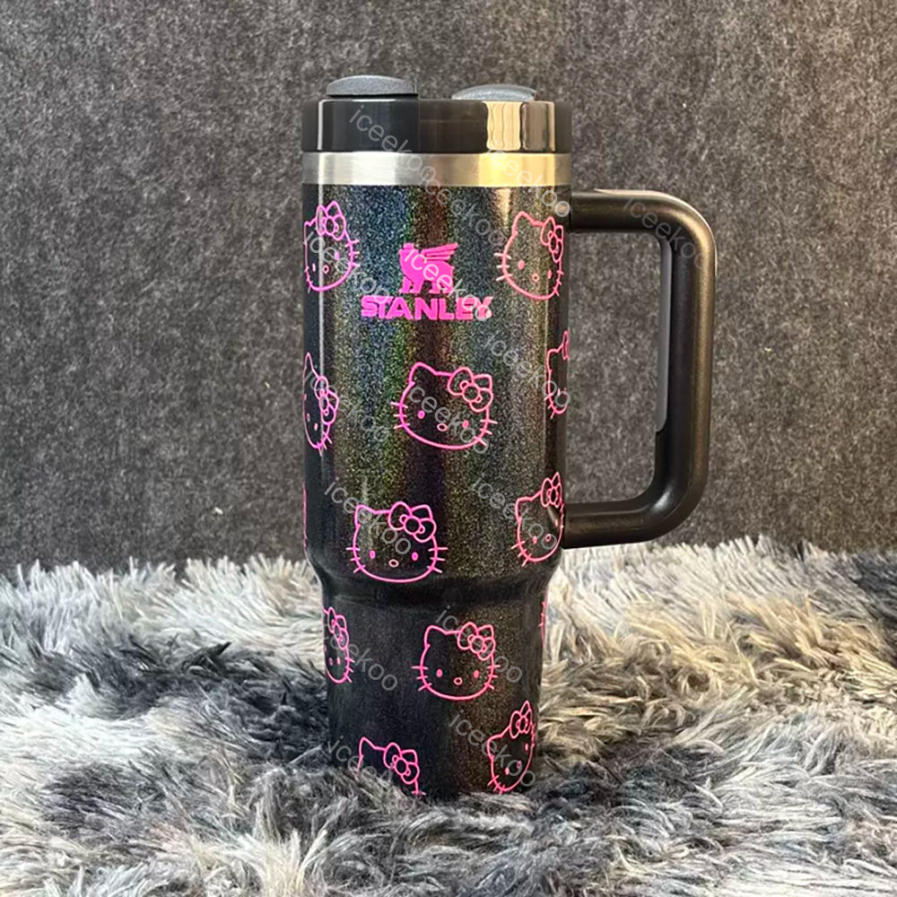 30oz Black Sparkle Pink Kitty Tumbler