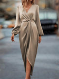 New Elegant Cross-Neck Pleated Slit Puff Sleeve Irregular Long Sleeve Dress