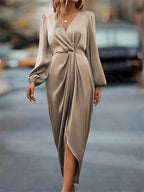 New Elegant Cross-Neck Pleated Slit Puff Sleeve Irregular Long Sleeve Dress