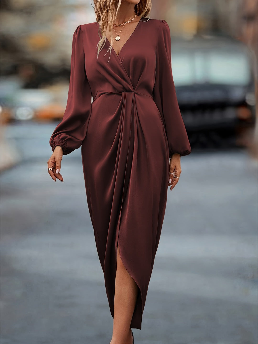 New Elegant Cross-Neck Pleated Slit Puff Sleeve Irregular Long Sleeve Dress