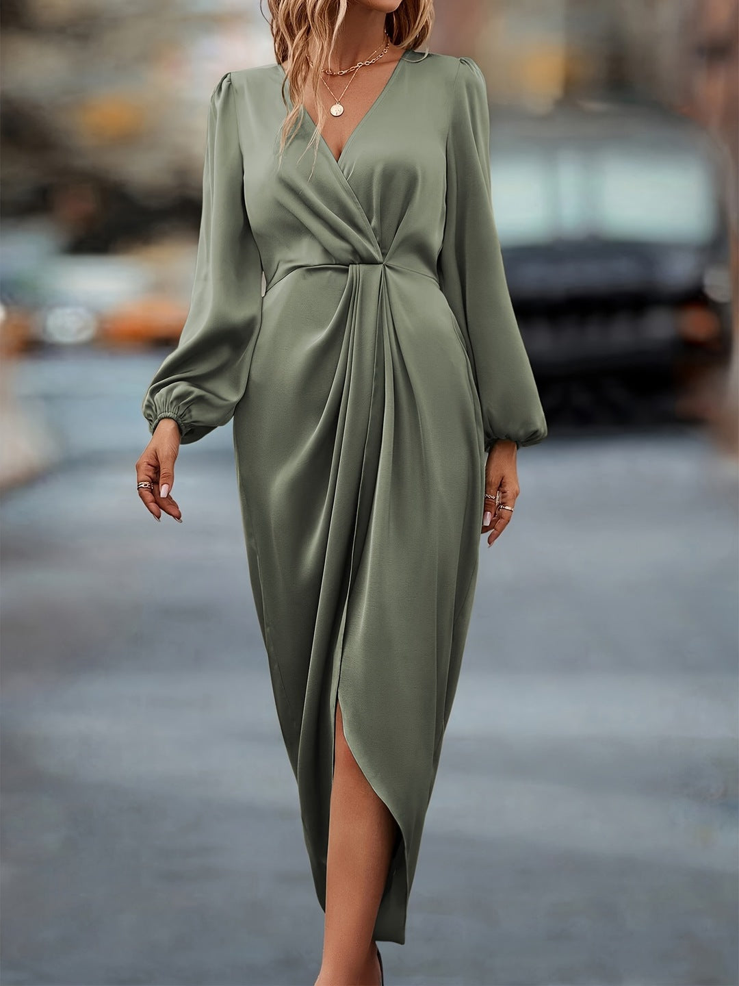 New Elegant Cross-Neck Pleated Slit Puff Sleeve Irregular Long Sleeve Dress