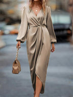 New Elegant Cross-Neck Pleated Slit Puff Sleeve Irregular Long Sleeve Dress